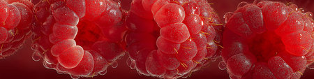 Fresh red raspberries with water drops, a close-up natural fruit background. Fresh bright red...
