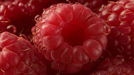 Fresh red raspberries with water drops, a close-up natural fruit background. Fresh bright red...