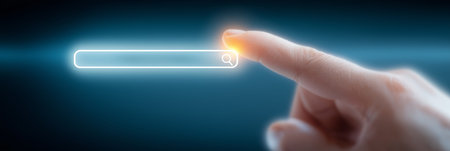 Finger pointing directly at a glowing search bar, interacting with a virtual data interface. Finger...