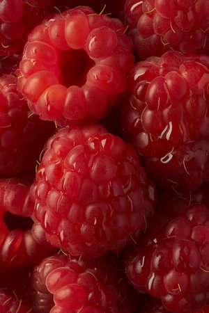 Fresh red raspberries with water drops, a close-up natural fruit background. Fresh bright red...
