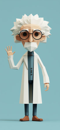 Low poly scientist character showing an expressive face and open hands. Funny paper fold style...