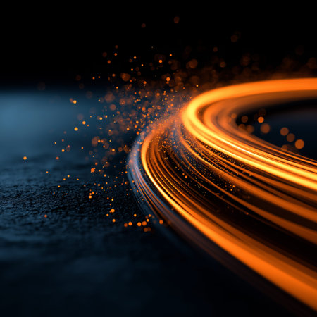Abstract glowing light trails with particles showing dynamic energy and speed. Glowing light trails...
