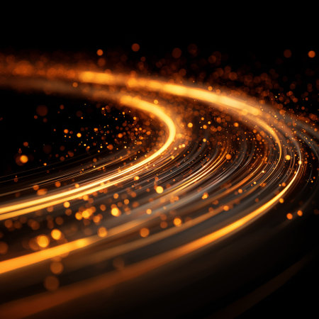 Abstract glowing light trails with particles showing dynamic energy and speed. Glowing light trails creating abstract energy flow on black. Abstract wallpaperの写真素材