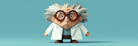 Low poly scientist character showing an expressive face and open hands. Funny paper fold style...