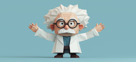 Low poly scientist character showing an expressive face and open hands. Funny paper fold style...