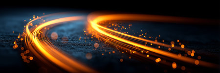 Abstract glowing light trails with particles showing dynamic energy and speed. Glowing light trails creating abstract energy flow on black. Abstract wallpaperの写真素材