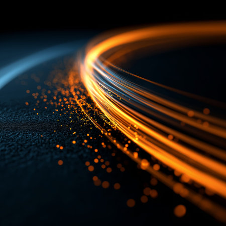 Abstract glowing light trails with particles showing dynamic energy and speed. Glowing light trails...