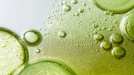 Green oil droplets and bubbles suspended in water, forming a natural cosmetic texture. Green oil and...