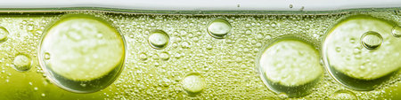 Green oil droplets and bubbles suspended in water, forming a natural cosmetic texture. Green oil and...