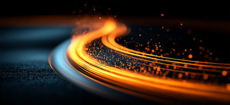 Abstract glowing light trails with particles showing dynamic energy and speed. Glowing light trails...