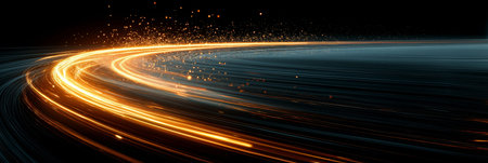 Abstract glowing light trails with particles showing dynamic energy and speed. Glowing light trails...