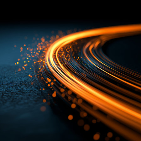 Abstract glowing light trails with particles showing dynamic energy and speed. Glowing light trails...