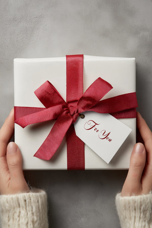 Person presenting a gift box with a red bow and a tag saying For You. Hands holding white gift box...