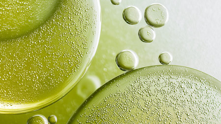 Green oil droplets and bubbles suspended in water, forming a natural cosmetic texture. Green oil and...