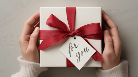 Person presenting a gift box with a red bow and a tag saying For You. Hands holding white gift box...