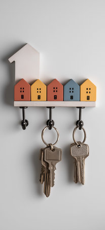 Colorful house-shaped key hooks with keys hanging on a white wall. Key hooks displaying real estate...