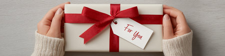 Person presenting a gift box with a red bow and a tag saying For You. Hands holding white gift box...