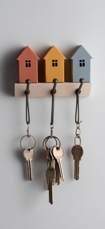 Colorful house-shaped key hooks with keys hanging on a white wall. Key hooks displaying real estate ownership conceptsの写真素材