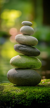 Smooth river stones balancing on moss near water, symbolizing zen, peace, and meditation. Stacked...