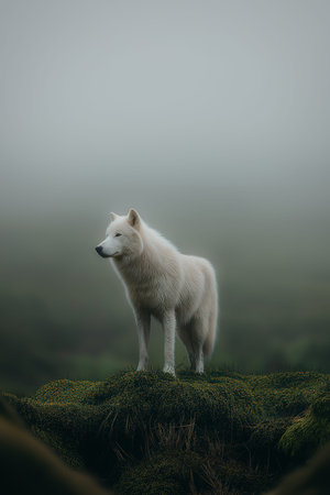 White wolf standing still on a mossy cliff edge overlooking a foggy, natural environment. White wolf...
