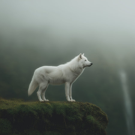 White wolf standing still on a mossy cliff edge overlooking a foggy, natural environment. White wolf...