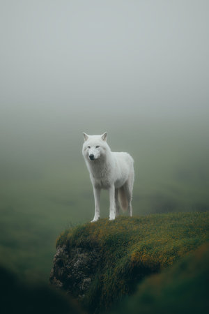 White wolf standing still on a mossy cliff edge overlooking a foggy, natural environment. White wolf...