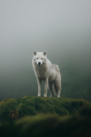 White wolf standing still on a mossy cliff edge overlooking a foggy, natural environment. White wolf...