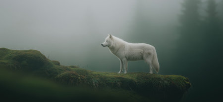 White wolf standing still on a mossy cliff edge overlooking a foggy, natural environment. White wolf...
