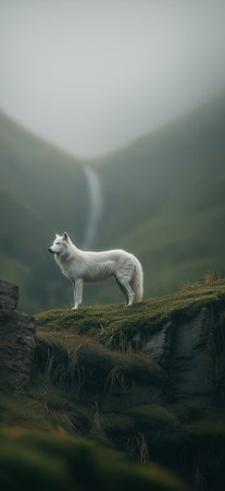 White wolf standing still on a mossy cliff edge overlooking a foggy, natural environment. White wolf...