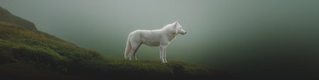 White wolf standing still on a mossy cliff edge overlooking a foggy, natural environment. White wolf...