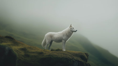 White wolf standing still on a mossy cliff edge overlooking a foggy, natural environment. White wolf...