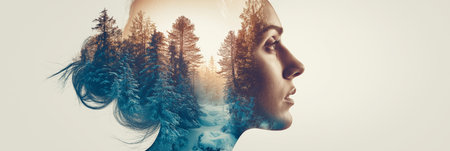 Double exposure of a woman's head connecting with nature and winter forest. Woman's profile merging...