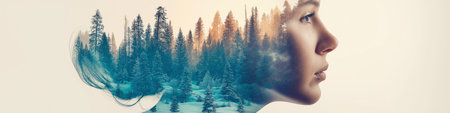 Double exposure of a woman's head connecting with nature and winter forest. Woman's profile merging...