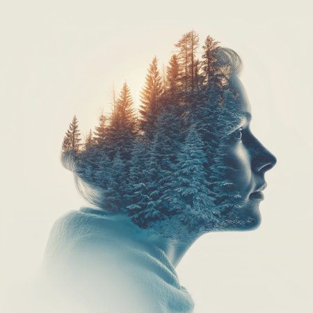 Double exposure of a woman's head connecting with nature and winter forest. Woman's profile merging...