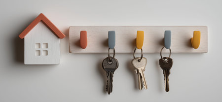 Colorful house-shaped key hooks with keys hanging on a white wall. Key hooks displaying real estate...