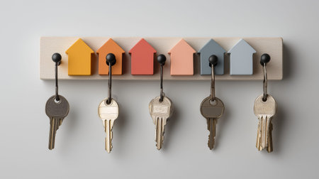 Colorful house-shaped key hooks with keys hanging on a white wall. Key hooks displaying real estate...