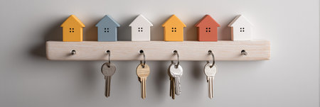 Colorful house-shaped key hooks with keys hanging on a white wall. Key hooks displaying real estate...