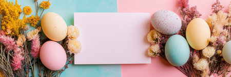 Blank card surrounded by colorful Easter eggs and delicate spring flowers on pastel background. Blank stationery card mockup with pastel Easter eggs and spring flowers. Easter greeting card templateの写真素材