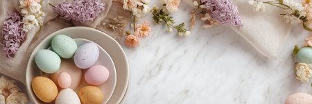 Blank card surrounded by colorful Easter eggs and delicate spring flowers on pastel background. Blank stationery card mockup with pastel Easter eggs and spring flowers. Easter greeting card templateの写真素材