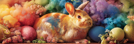 Fluffy rainbow rabbit cuddling an Easter egg surrounded by vibrant blossoms and festive elements. Colorful Easter bunny holding egg among flowersの写真素材