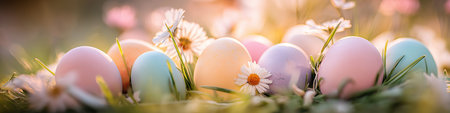 Pastel eggs nestled among flowers and green grass with warm morning light. Colorful Easter eggs hiding in fresh spring grass. Easter backgroundの写真素材
