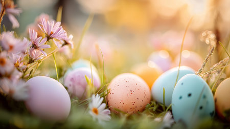 Pastel eggs nestled among flowers and green grass with warm morning light. Colorful Easter eggs hiding in fresh spring grass. Easter backgroundの写真素材