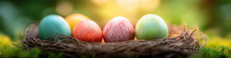 Speckled colorful eggs resting in a bird nest on green moss with bright sunlight. Colorful Easter eggs nesting on spring grass with sunshine wallpaperの写真素材