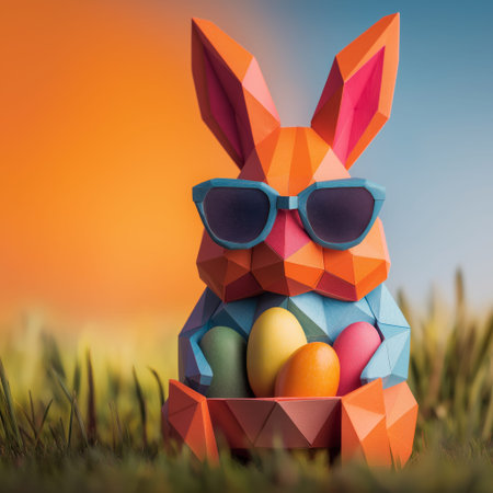 Colorful geometric bunny wearing sunglasses and holding Easter eggs in a minimalist meadow scene. Colorful geometric bunny wearing sunglasses holding easter eggsの写真素材