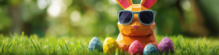 Colorful geometric bunny wearing sunglasses and holding Easter eggs in a minimalist meadow scene. Colorful geometric bunny wearing sunglasses holding easter eggsの写真素材