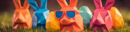 Colorful geometric bunny wearing sunglasses and holding Easter eggs in a minimalist meadow scene....