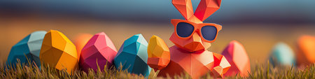 Colorful geometric bunny wearing sunglasses and holding Easter eggs in a minimalist meadow scene. Colorful geometric bunny wearing sunglasses holding easter eggsの写真素材