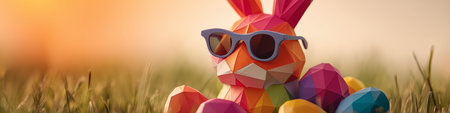 Colorful geometric bunny wearing sunglasses and holding Easter eggs in a minimalist meadow scene. Colorful geometric bunny wearing sunglasses holding easter eggsの写真素材