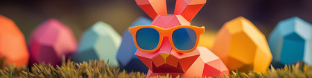 Colorful geometric bunny wearing sunglasses and holding Easter eggs in a minimalist meadow scene....