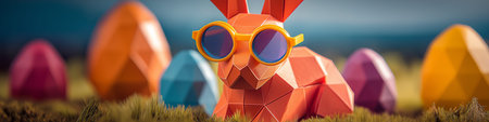Colorful geometric bunny wearing sunglasses and holding Easter eggs in a minimalist meadow scene....